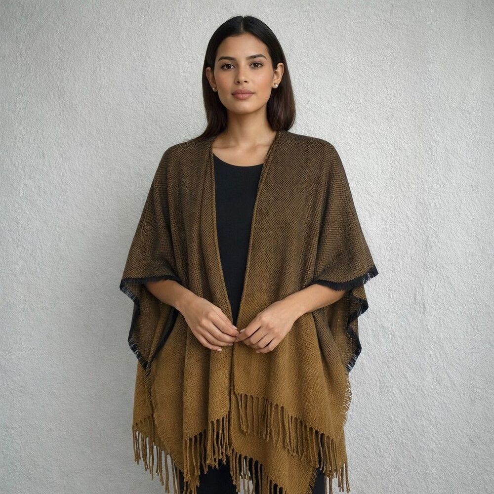 Ombre Brown Blue  Fringe Poncho Cardigan Wrap Shawl Cape Unisex Knit